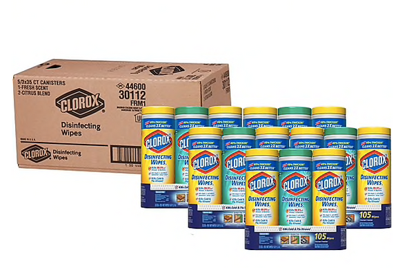 15 Canisters Clorox Wipes Value Pack, 7 x 8, Fresh Scent/Citrus Blend