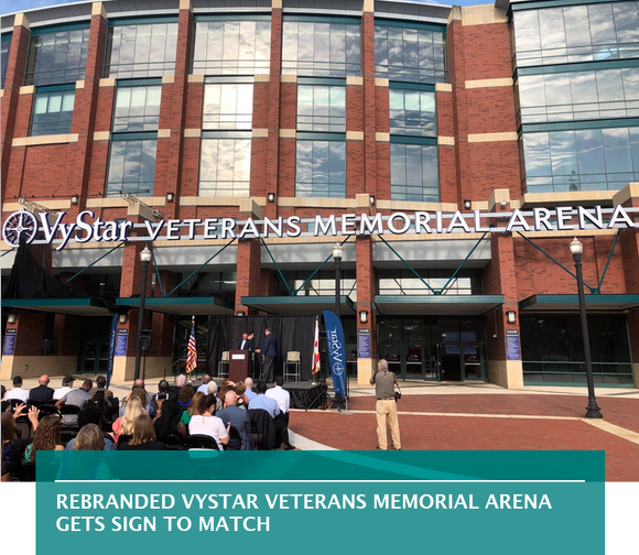Rebranded VyStar Veterans Memorial Arena gets sign to match
