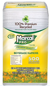 Marcal Beverage Napkins, 1-Ply, White, 500 Napkins/Pk