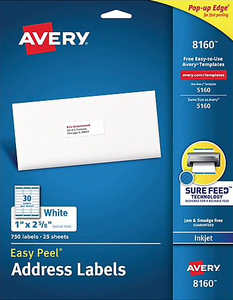 Avery Easy Peel White Address Labels, Sure Feed Technology, Inkjet, Permanent, 1" x 2-5/8", 750 Labels (8160)
