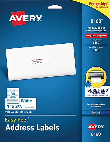 Avery Easy Peel White Address Labels, Sure Feed Technology, Inkjet, Permanent, 1