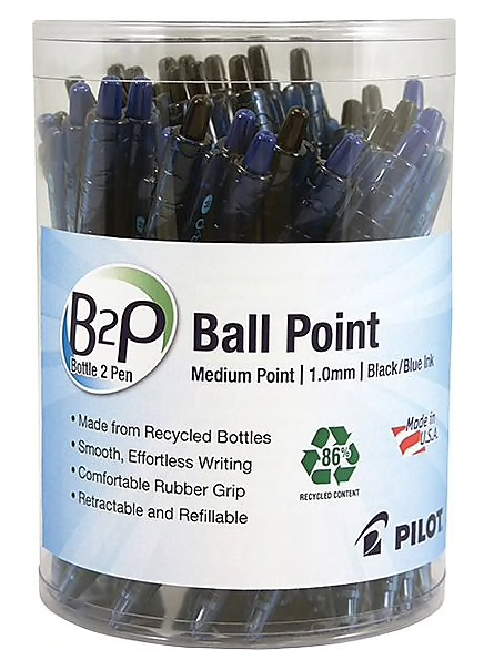 Pilot B2P Bottle-2-Pen Retractable Ball Point Pens, Medium Point, Black/Blue, 36/Pack (57050)