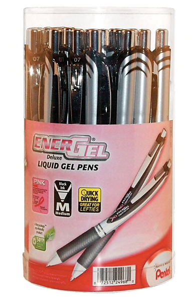 Pentel® EnerGel® Deluxe Pink Ribbon Retractable Gel-Ink Pens, Medium Point, Black Ink, 36/Pack