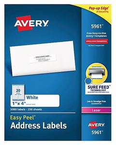 Avery Easy Peel Laser Address Labels, 1" x 4", White, 20/Sheet, 250 Sheets/Box (5961)